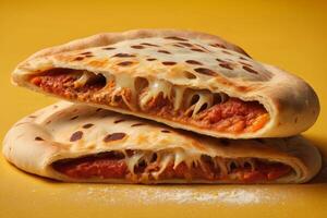 AI generated Cheesy Stuffed Calzone on Yellow photo