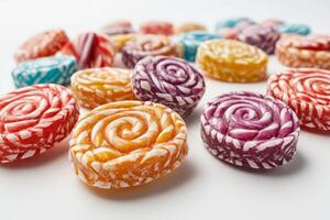 AI generated Assorted Frosted Swirl Candies on White photo