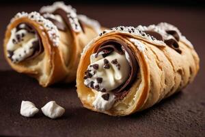 ai generado chocolate remolino cannoli con azotado crema foto