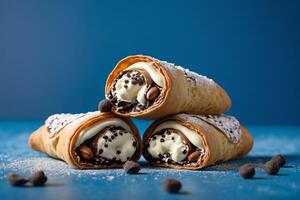 AI generated Cannoli Filled with Cream on Blue photo