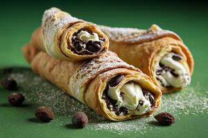 AI generated Italian Cannoli with Sweet Cream and Chocolate on Green photo