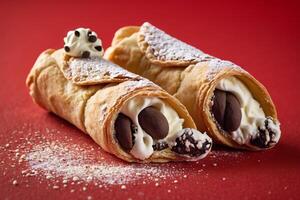 AI generated Classic Chocolate Chip Cannoli on Red Background photo