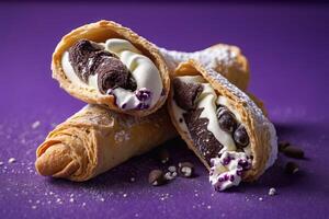 AI generated Gourmet Chocolate Cannoli on Purple Backdrop photo