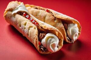 AI generated Classic Italian Cannoli on Red Backdrop photo