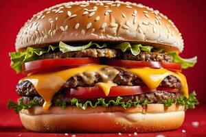 ai generado clásico americano hamburguesa con queso en rojo foto