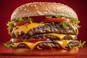 ai generado lechuga y queso doble carne de vaca hamburguesa en rojo antecedentes foto