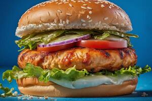 AI generated Juicy Chicken Burger on Bright Blue Background photo