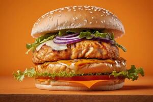 AI generated Tasty Chicken Burger on Orange Surface photo
