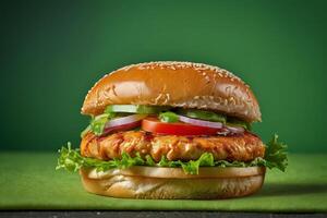 AI generated Fresh Chicken Burger on Green Backdrop photo