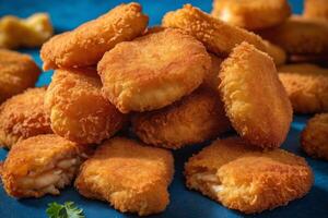 AI generated Crispy Chicken Bites on Blue Background photo