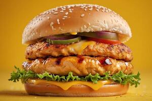 AI generated Double Chicken Patty Burger on Yellow photo