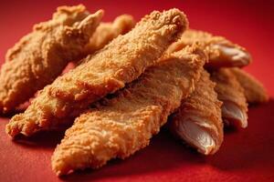 AI generated Crispy Chicken Strips on Red Background photo