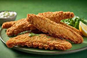 AI generated Crispy Fried Fish Fillets on Green Plat photo