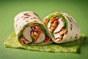 AI generated Grilled Chicken Wrap on Green Backdrop photo
