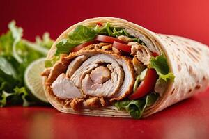 AI generated Chicken Caesar Wrap on Red photo