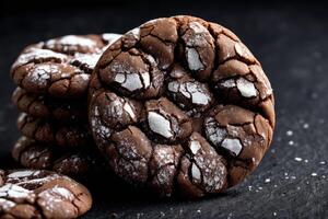 AI generated Powdered Sugar Chocolate Crinkle Cookies on Dark Background photo