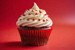 AI generated Velvety Red and White Frosted Cupcake photo