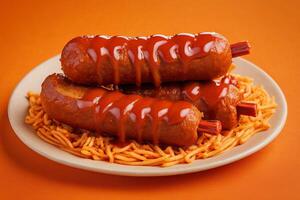 AI generated Corn Dogs on a Bed of Spaghetti photo