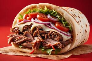 ai generado carne de vaca shawarma Agave emparedado con Fresco vegetales foto