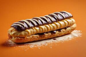 AI generated Classic French Eclair on Orange Background photo