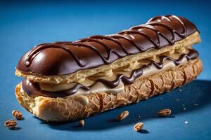 ai generado chocolate y vainilla crema eclair en azul foto