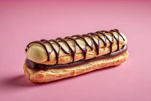 ai generado artesanal chocolate eclair en rosado antecedentes foto