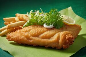 ai generado pescado y papas fritas con ensalada foto