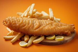 AI generated Fish with Fries on Orange Background photo