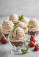 AI generated Vanilla Ice Cream Scoops in Glass Bowls photo