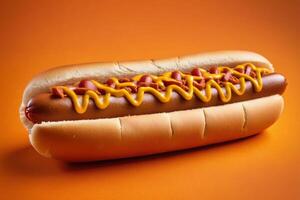 AI generated Mustard Drizzled Hot Dog on Orange photo