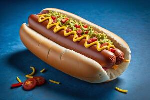 AI generated Loaded Hot Dog with Fresh Toppings on Blue photo