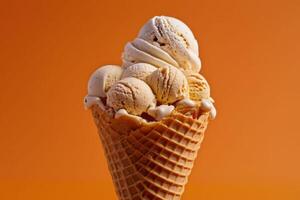 AI generated Triple Scoop Ice Cream Cone with Caramel Sauce photo