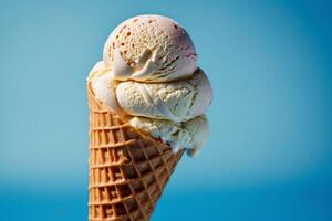 AI generated Soft Vanilla Ice Cream Cone against Blue Background photo