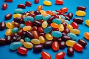 AI generated Colorful Jelly Beans Scattered on Vibrant Blue photo