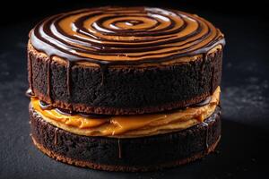 AI generated Layered Chocolate Cake with Caramel Swirl photo