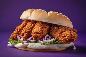 AI generated Crispy Chicken Burger on Purple photo