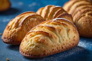 ai generado recién horneado dulce Pastelería selección en azul foto