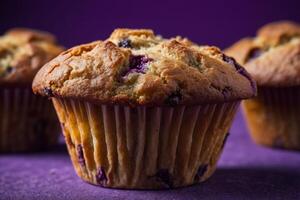 AI generated Blueberry Muffins on Purple Background photo