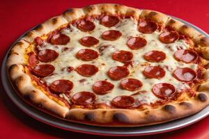 AI generated Whole Pepperoni Pizza on Red photo