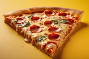 AI generated Pepperoni Pizza Slice on Yellow Background photo