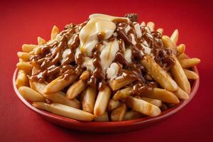 AI generated Canadian Poutine on Red Background photo