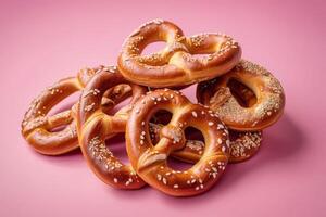 ai generado suave pretzels en rosado superficie foto