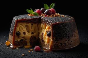 AI generated Chocolate and Caramel Pudding with Fruit Garnish photo