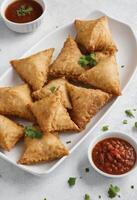 AI generated Golden Samosas with Chutney on White Plate photo