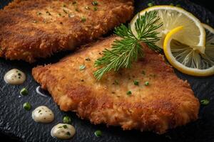 AI generated Golden Fried Chicken Schnitzel Close Up photo
