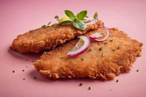 AI generated Juicy Chicken Cutlet on Pink Surface photo