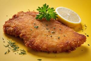 AI generated Golden Crispy Chicken Schnitzel on Yellow Background photo
