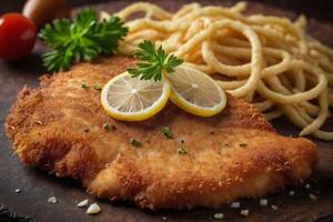 AI generated Fried Chicken Cutlet with Fries and Lemon photo