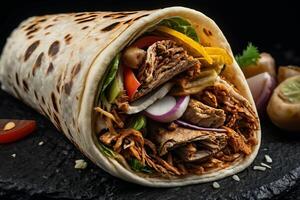 ai generado delicioso carne de vaca shawarma envolver en oscuro antecedentes foto