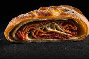 AI generated Stuffed Savory Strudel Slice on Dark Surface photo